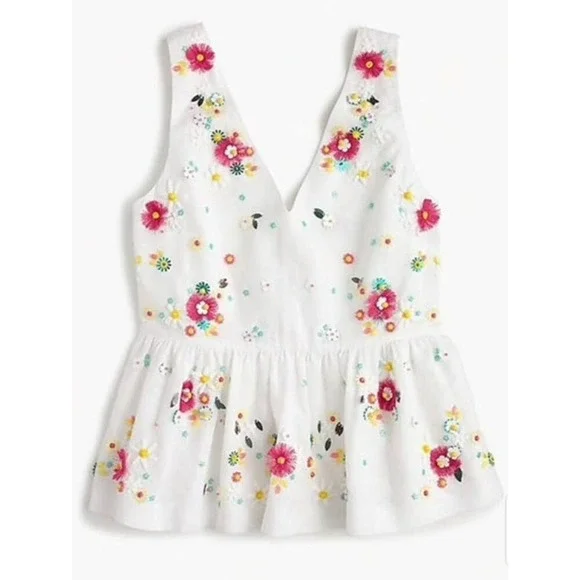 J. Crew Beaded Embroidered White Peplum Top Tank Linen Preppy Old Money Spring - Picture 1 of 6